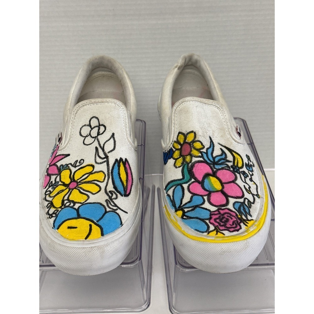 Vans Floral Slip On Sneakers Custom Painted Shoes Casual Skate Mens Size